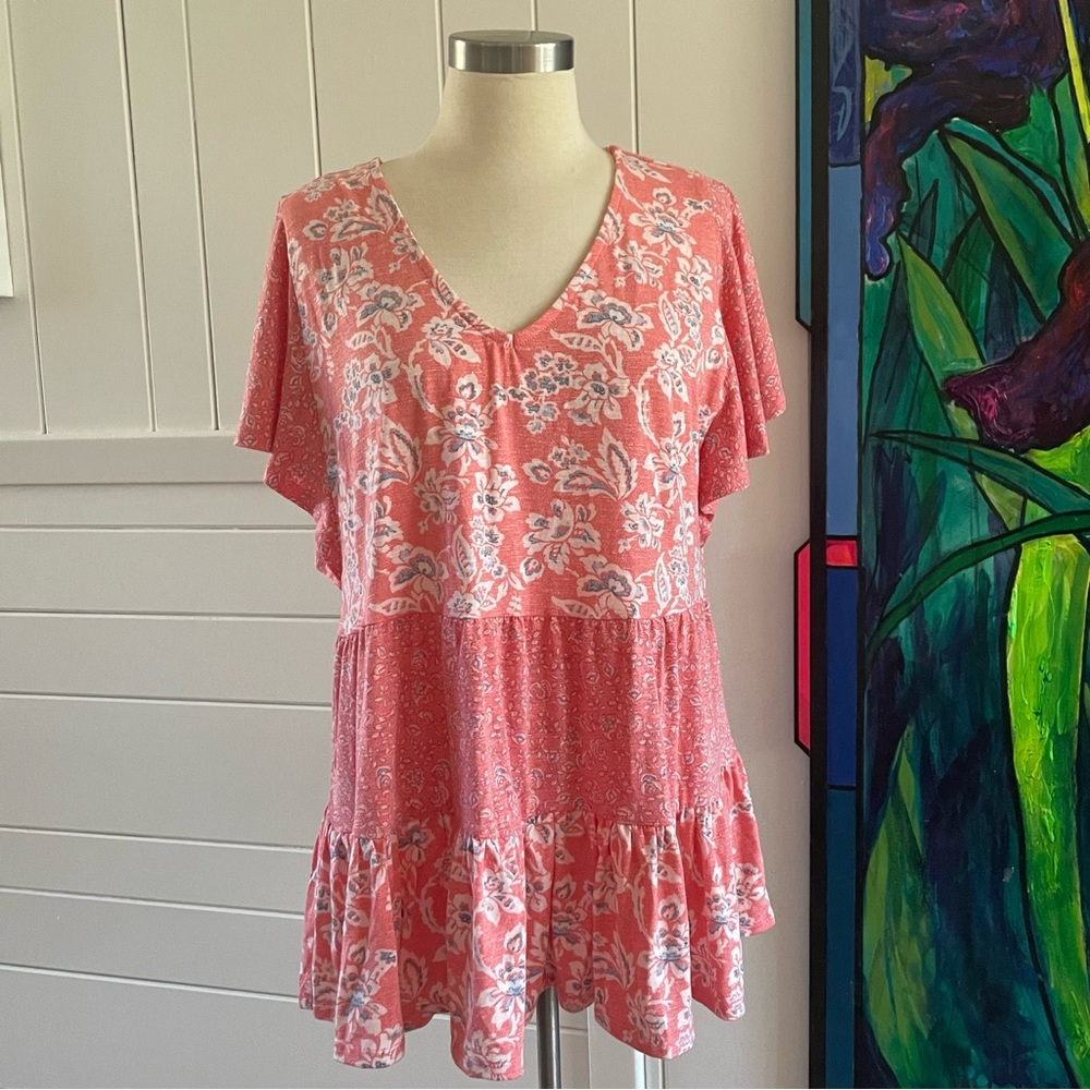 $10 SALE Coral Salmon Floral Tiered Blouse Feminine Patchwork Women’s Top CATO
